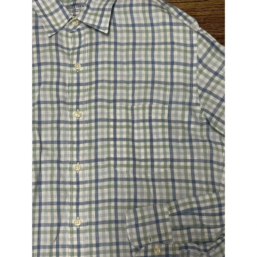 J Crew Irish Linen Green/Blue Plaid Button Down Long Sleeve Shirt Men's Sz M